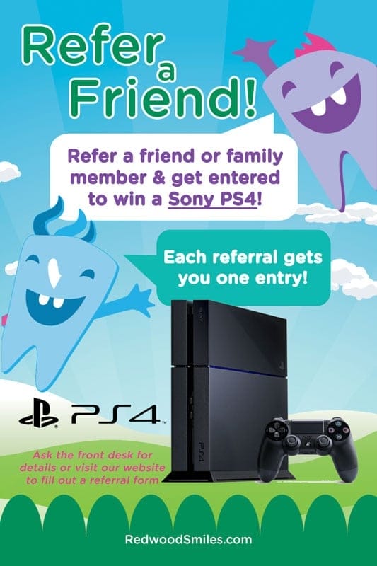 Promotional flyer for Redwood Smiles advertising a referral contest to win a PlayStation 4; features images of a PS4 console and cheerful cartoon tooth characters.
