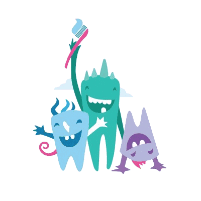 Three colorful cartoon tooth-shaped creatures stand together, one holding a toothbrush, all smiling against a plain light background.