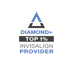 Diamond+ Top 1% Invisalign Provider badge with a blue and black triangle logo above the text.